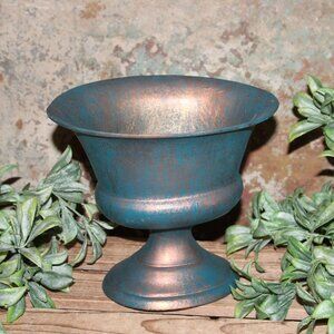 Gorgeous Rustic Copper & Turquoise French Country Soft Iron Pedestal Decor Urn